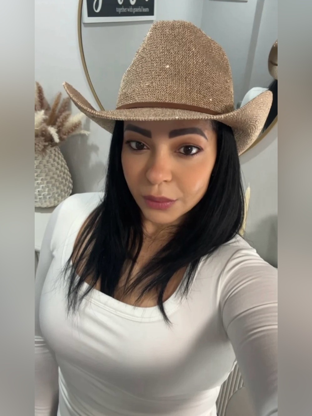 Mudd Hatter Sparkly Western Cowboy Hat Beige Gold Tone